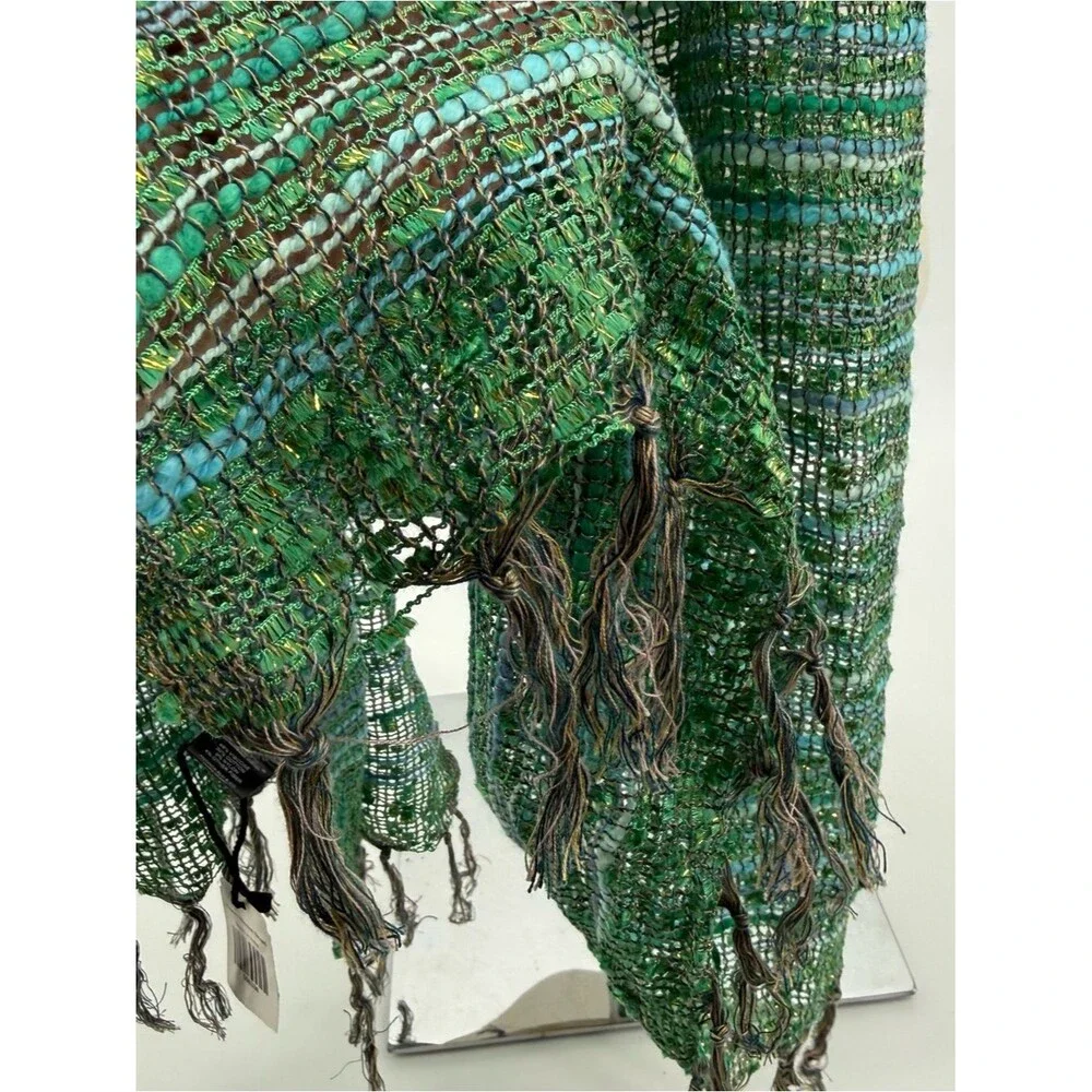 Amanda Blu Green Textured Knit Scarf Accessory Viscose Cotton Fringe Overlay
